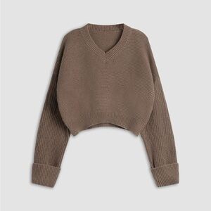 Commense Cropped V-Neck Ribbed Sweater - Taupe Brown